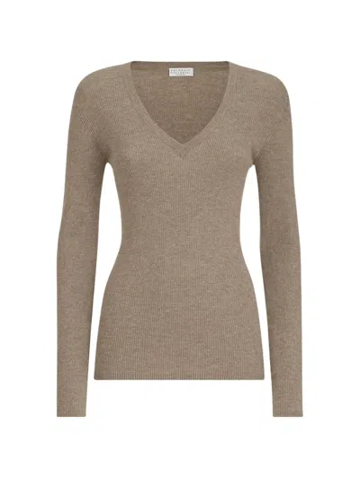 Brunello Cucinelli Sparkling Cashmere Ribbed Sweater In Brown