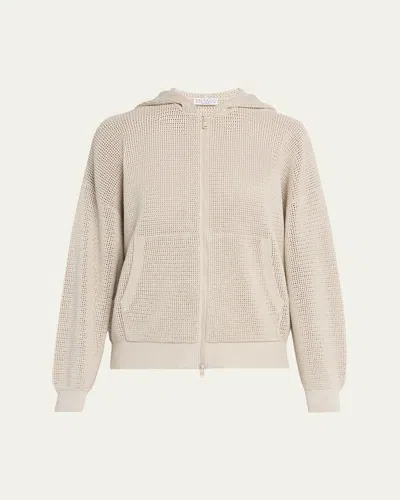 Brunello Cucinelli Sparkling Cotton Net Zip Hoodie In Brown