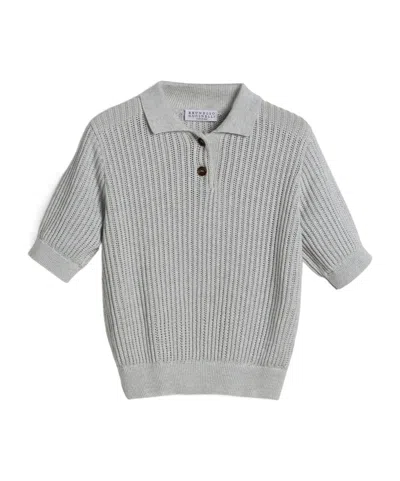 Brunello Cucinelli Sparkling Cotton Openwork Rib Knit Polo Shirt In Fog Color