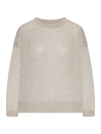 Brunello Cucinelli Sparkling Crew Neck Linen Sweater In Nude