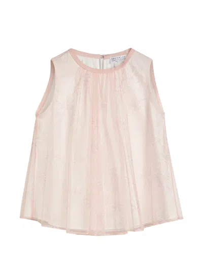 Brunello Cucinelli Kids' Sparkling Daisy-print Tulle Top In Pink