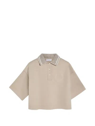 Brunello Cucinelli Kids' Sparkling Knit-collar Polo Shirt In Neutral