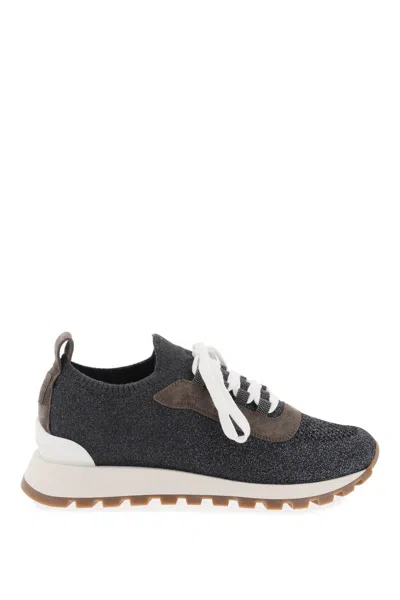 Brunello Cucinelli Sparkling Knit Sneakers In Lignite (grey)