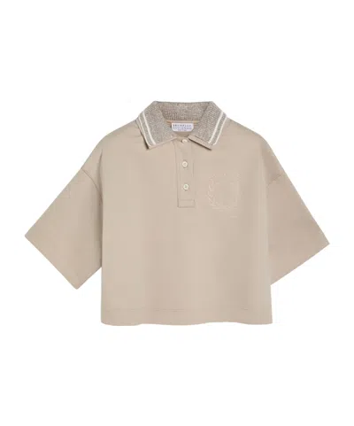Brunello Cucinelli Kids' Sparkling Knit-collar Polo Shirt In Neutral