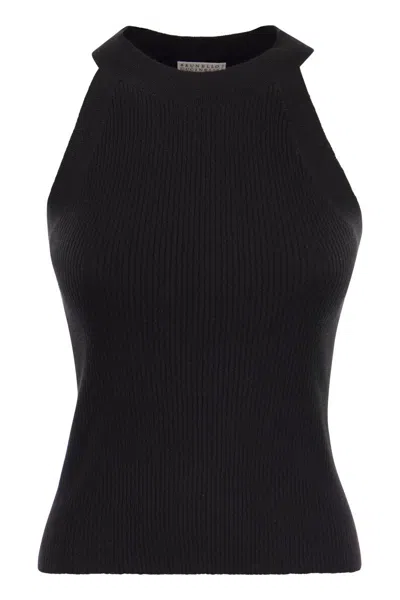 Brunello Cucinelli Sparkling Lightweight Cashmere And Silk Ribbed Knit Top In Black