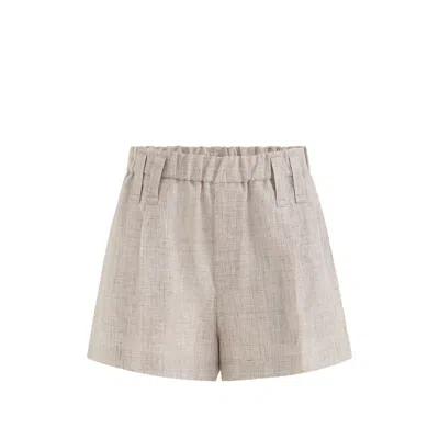 Brunello Cucinelli Sparkling Linen Baggy Shorts With Monili In Brown