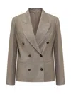 Brunello Cucinelli Metallic Double-breasted Jacket With Peak Revers In Linen Blend Woman In Brown