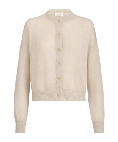Brunello Cucinelli Sparkling Mohair And Wool Cardigan With Monili In White