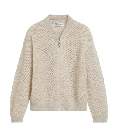 Brunello Cucinelli Sparkling Mohair And Wool Net Cardigan In White
