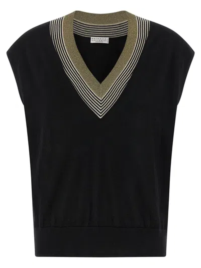 Brunello Cucinelli Black Lightweight Knit Vest With Sparkling Neckline