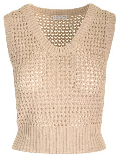 Brunello Cucinelli Open-knit Tank Top With Sequin Detail In Canel Chiaro