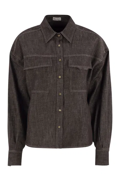 Brunello Cucinelli Sparkling No-fade Denim Shirt With Shiny Flap Detail In Brown
