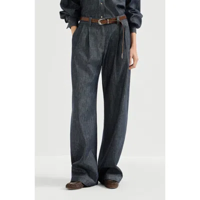 Brunello Cucinelli Sparkling No-fade Denim Loose Curved Trousers With Monili In Blue
