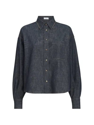 Brunello Cucinelli Sparkling No-fade Denim Shirt With Shiny Collar In Black