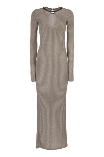 Brunello Cucinelli Sparkling Ribbed Knit Dress With Precious Collar In Multi