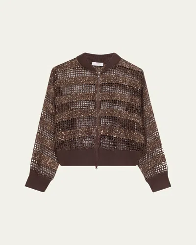 Brunello Cucinelli Sparkling Sequin Net Knit Bomber Jacket In Brown