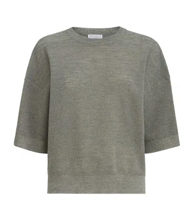Brunello Cucinelli Sparkling Short-sleeve Sweater In Gray