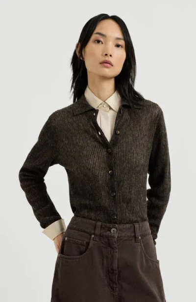 Brunello Cucinelli Sparkling Silk, Alpaca And Wool Rib Knit Cardigan In Black