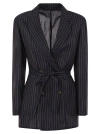 Brunello Cucinelli Sparkling Stripe Cotton Gauze Jacket With Belt And Necklace In Night Blue