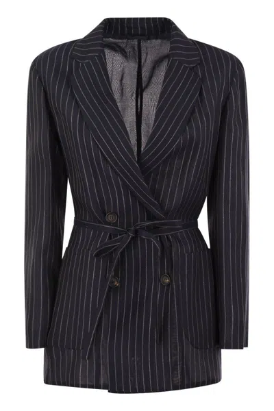 Brunello Cucinelli Sparkling Stripe Cotton Gauze Jacket With Belt And Necklace In Night Blue