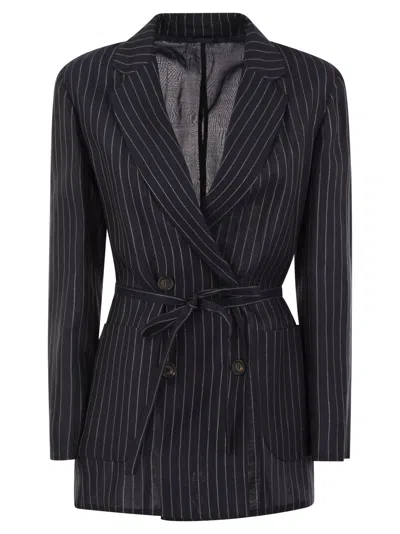 Brunello Cucinelli Sparkling Stripe Cotton Gauze Jacket With Belt And Necklace In Night