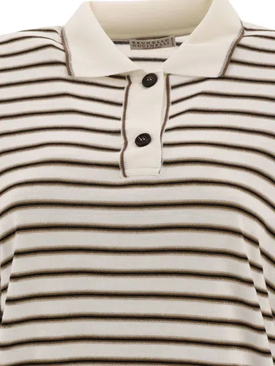Brunello Cucinelli Women's Sparkling Stripe Lightweight Knit Polo T-shirt In Virgin Wool And Cashmere In Bianco+beige+maple+nero