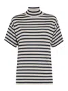 Brunello Cucinelli Sparkling Stripe Turtleneck Sweater In Cashmere And Silk In Nude & Neutrals