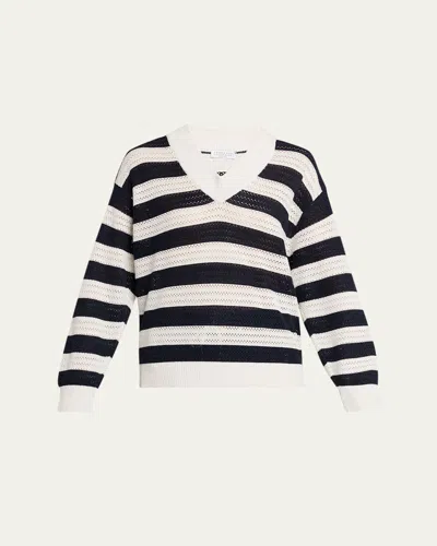 Brunello Cucinelli Sparkling Striped Cotton Net Knit V-neck Sweater In Black