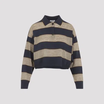Brunello Cucinelli Sparkling Stripes Cropped Polo Shirt In Virgin Wool, Cashmere And Linen Knit