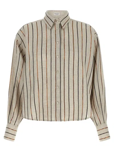 Brunello Cucinelli Striped Linen Blouse In Neutral