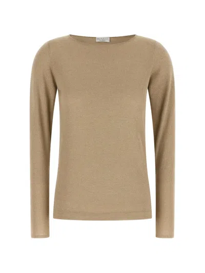 Brunello Cucinelli Sparkling Boat Neck Cashmere Silk Sweater In Brown