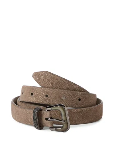 Brunello Cucinelli Sparkling Textured Leather Belt With Monili In Brown