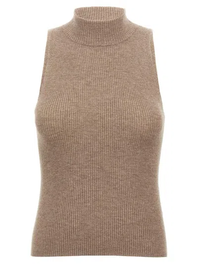 Brunello Cucinelli Sleeveless High Neckline Ribbed Top In Brown