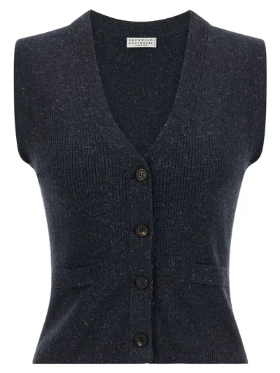 Brunello Cucinelli Cashmere Ribbed Vest Trompe Loeil Design In Black