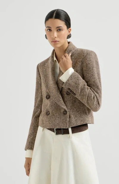 Brunello Cucinelli Sparkling Virgin Wool Chevron Cropped Blazer In Brown
