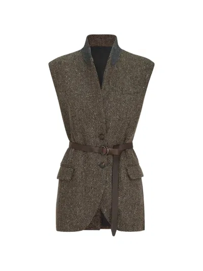Brunello Cucinelli Sparkling Virgin Wool Chevron Vest With Leather Belt And Monili In Green