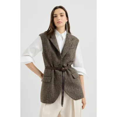 Brunello Cucinelli Sparkling Virgin Wool Chevron Vest With Leather Belt And Monili In Brown
