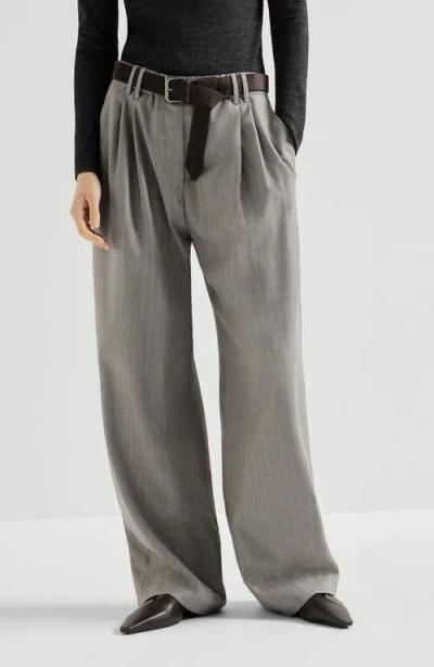 Brunello Cucinelli Sparkling Virgin Wool Pinstripe Track Trousers With Monili In Silver