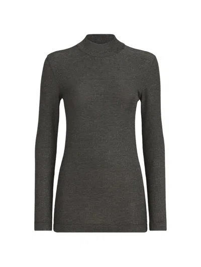 Brunello Cucinelli Sparkling Virgin-wool Mock-neck Long-sleeve T-shirt With Monili In Gray