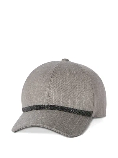 Brunello Cucinelli Sparkling Virgin-wool Pinstripe Baseball Cap With Shiny Band In Gray
