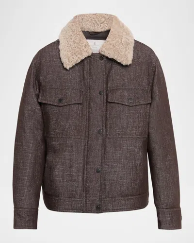 Brunello Cucinelli Sparkling Wool-blend Padded Jacket With Removable Shearling Collar In Brown