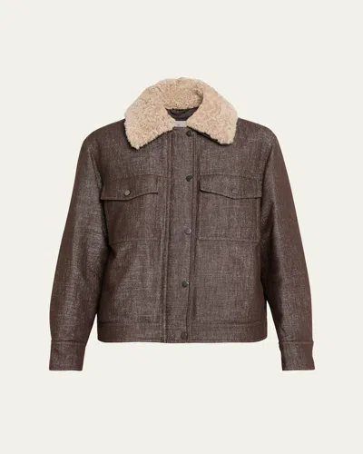 BRUNELLO CUCINELLI SPARKLING WOOL-BLEND PADDED JACKET WITH REMOVABLE SHEARLING COLLAR