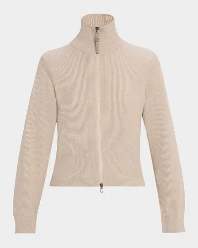 Brunello Cucinelli Sparkly Cashmere Rib Long-sleeve Zip Cardigan