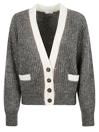 Brunello Cucinelli Speckled Knit Cardigan In Gray