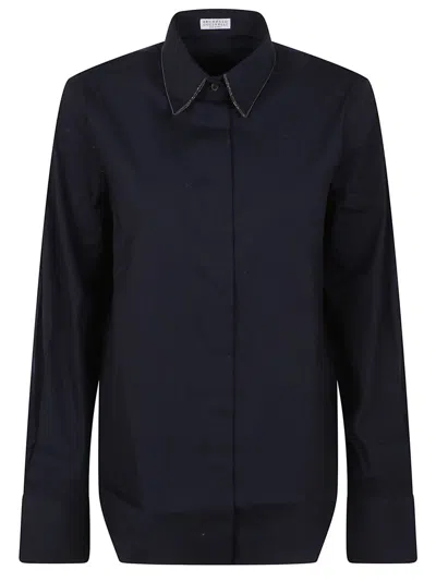 Brunello Cucinelli Spiral Edge Embellished Stretch Cotton Poplin Shirt