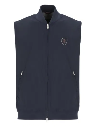 Brunello Cucinelli Sporty Blue Sleeveless Jacket With Contrasting Logo