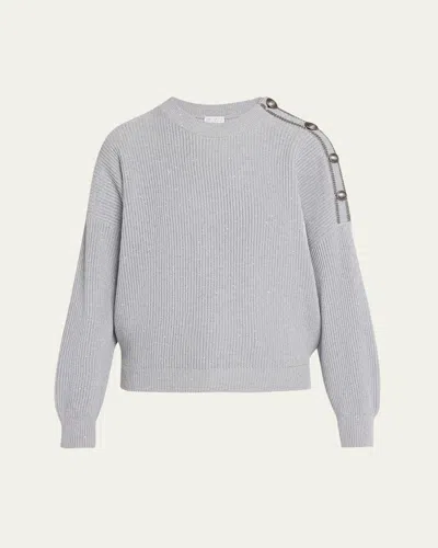 Brunello Cucinelli Sporty Button-shoulder Cotton Diamante Crewneck Sweater In Gray