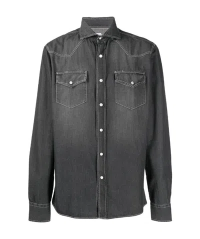 Brunello Cucinelli Spread Collar Denim Shirt In Black
