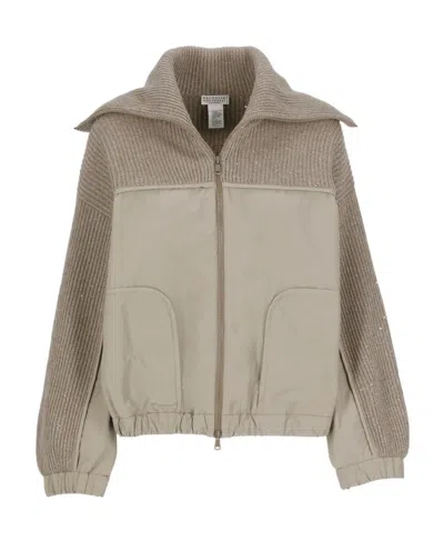 Brunello Cucinelli Spread-collar Kint-panelled Jacket In Brown