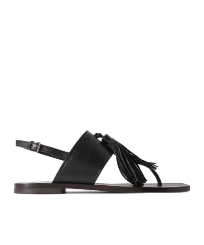 Brunello Cucinelli Square Toe Flat Sandals In Black